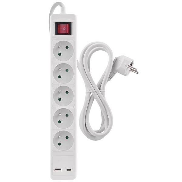 Kabel prodlužovací EMOS 5x zásuvka, 1×USB-A + 1×USB-C vypínač, 3m bílý

