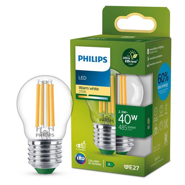 Žárovka LED Philips 40W, filament, P45, E27, teplá bílá 

