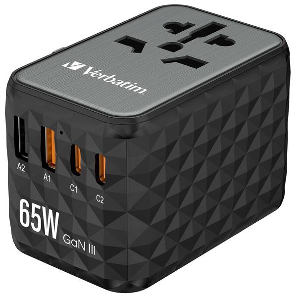 Cestovní adaptér Verbatim UTA-05 GaN III, 2x USB-C PD 65W & QC 4+, 2x USB-A černý

