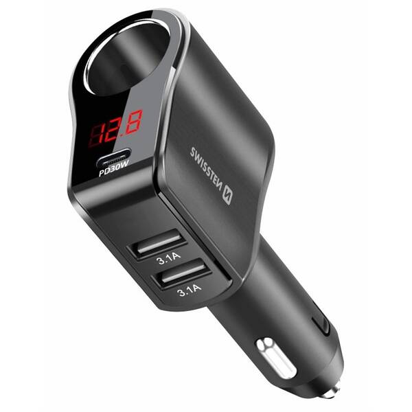 Adaptér do auta Swissten 1x CL, 1x UCB-C PD a 2x USB-A, 108 W - 216 W černá

