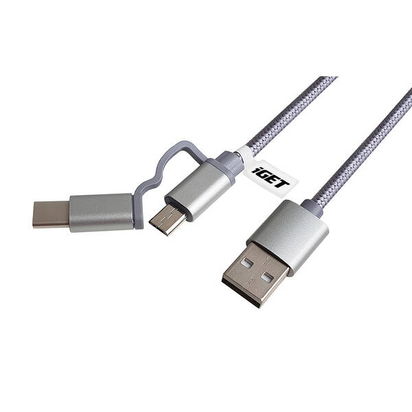 Kabel iGET USB/USB-C + micro USB, 1m stříbrný

