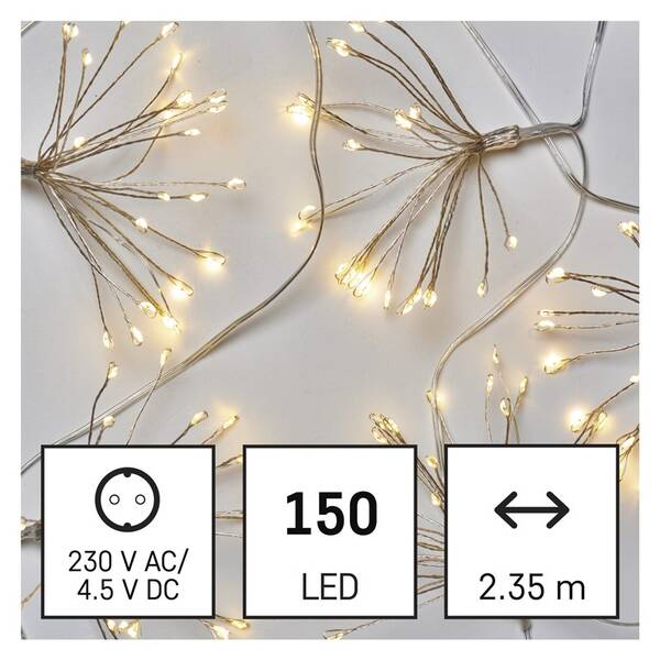 Vánoční osvětlení EMOS 150 LED řetěz - svítící trsy, nano, 2,35 m, vnitřní, teplá bílá, časovač 

