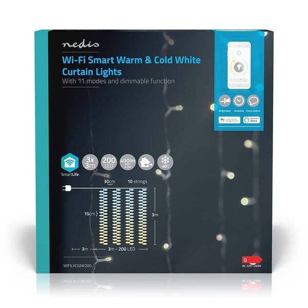 Vánoční osvětlení Nedis SmartLife LED, Wi-Fi, Teplá až studená bílá, 200 LED, 3 m, Android / IOS 

