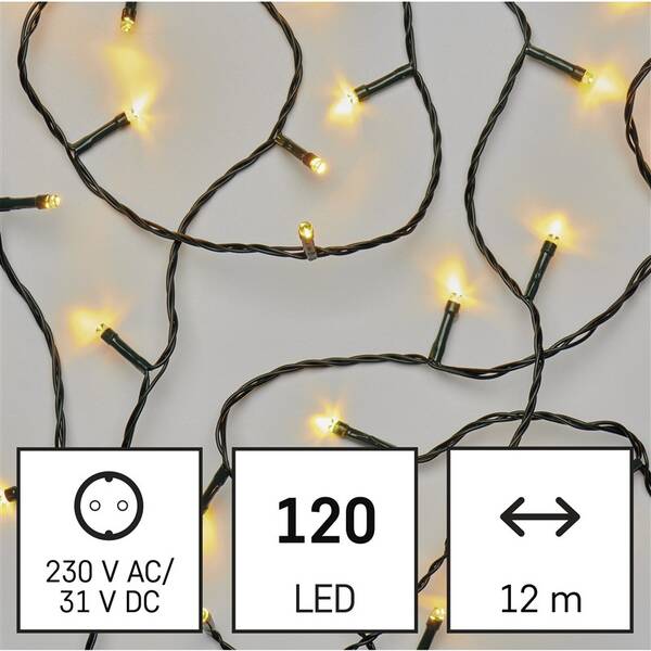 LED řetěz EMOS 120LED řetěz, 12 m, venkovní i vnitřní, teplá bílá, programy, časovač 

