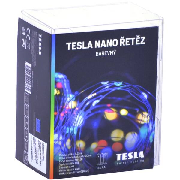 Vánoční osvětlení TESLA lighting nano řetěz 50 LED, RGB, 5m + 30cm kabel, 3x AA baterie, časovač, IP44 

