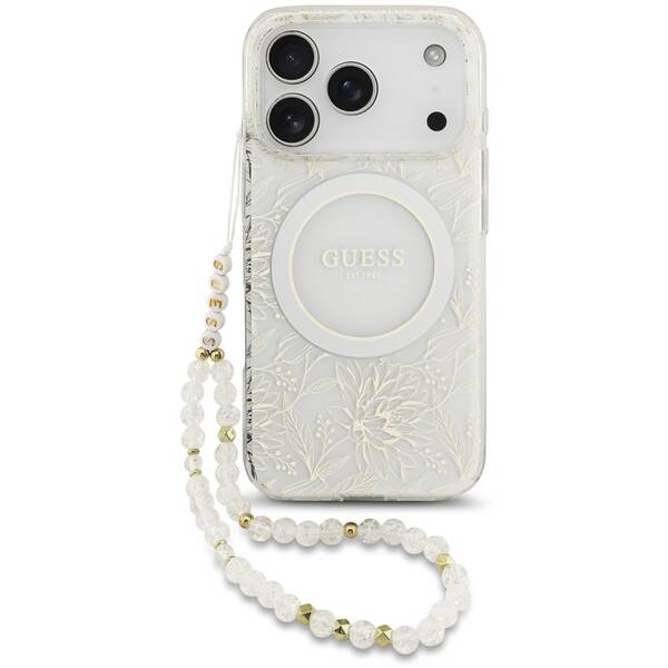 Kryt na mobil Guess IML Flowers Allover Strap MagSafe na Apple iPhone 17 Pro bílý


