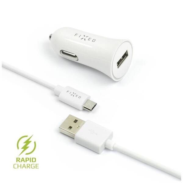 Adaptér do auta FIXED 1x USB, 2,4A + micro USB kabel bílý

