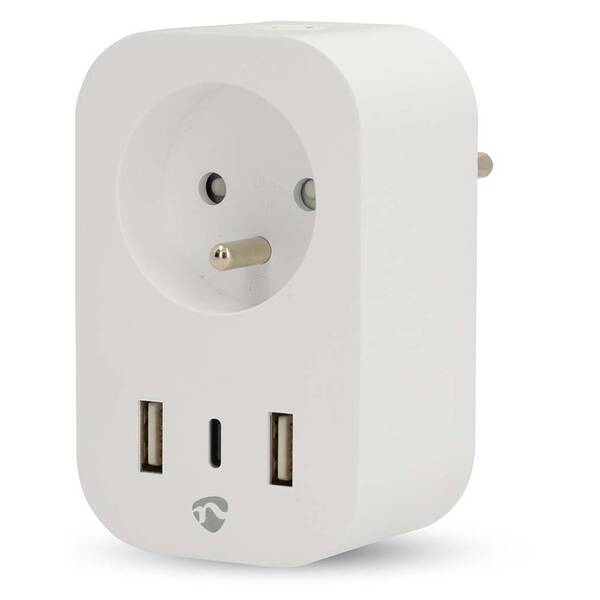 Chytrá zásuvka Nedis SmartLife, měřič spotřeby, dálkově ovladatelná, Wi-Fi, 1x USB-C + 2x USB, IP21, 3680 W bílá

