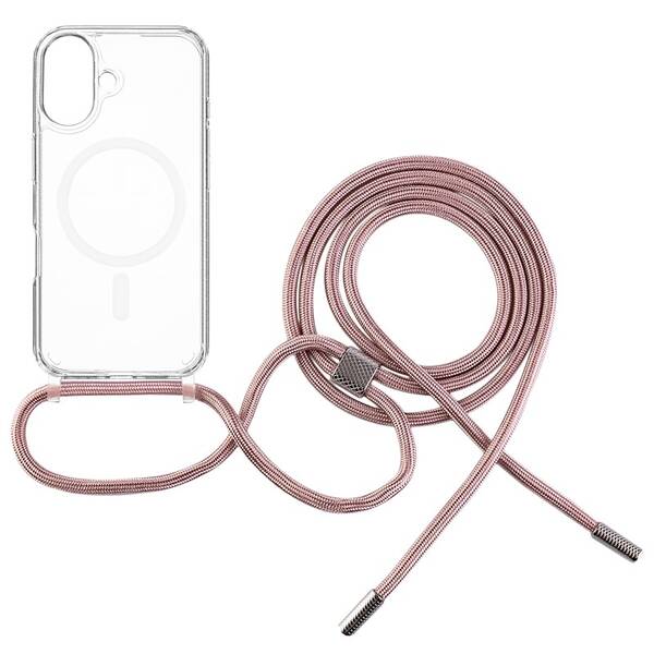 Kryt na mobil FIXED MagPure Neck s růžovou šňůrkou na krk na Apple iPhone 16 Plus průhledný

