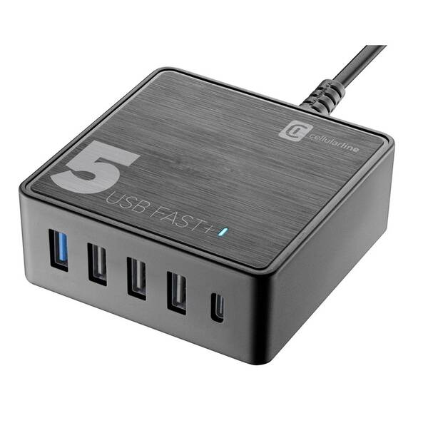 Nabíječka do sítě CellularLine Multipower 5 Fast+ , 4xUSB, 1xUSB-C, 60W černá

