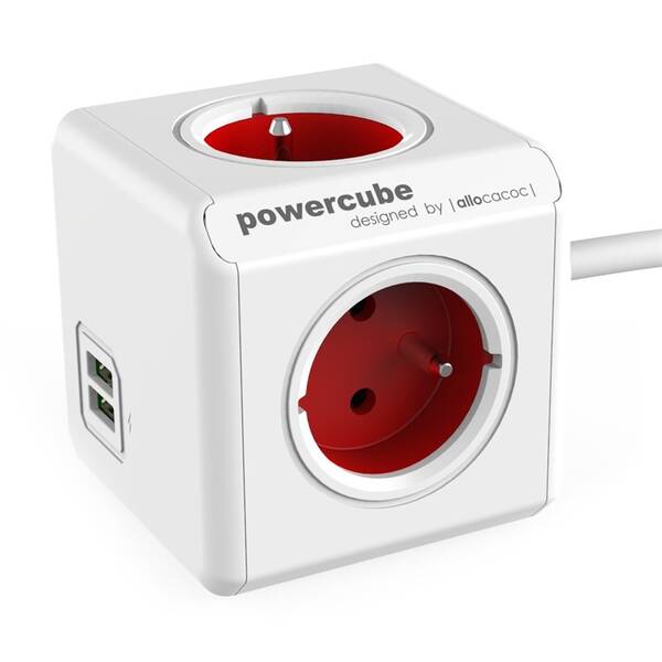 Kabel prodlužovací Powercube USB, 4x zásuvka, 2x USB, 1,5m bílý/červený

