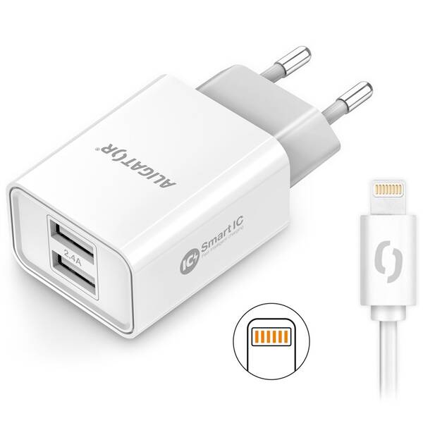 Nabíječka do sítě Aligator 2,4A, 2xUSB, smart IC, USB kabel pro Apple bílá

