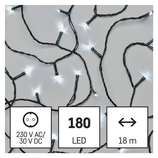 Vánoční osvětlení EMOS 180 LED řetěz, 18 m, venkovní i vnitřní, studená bílá, časovač 

