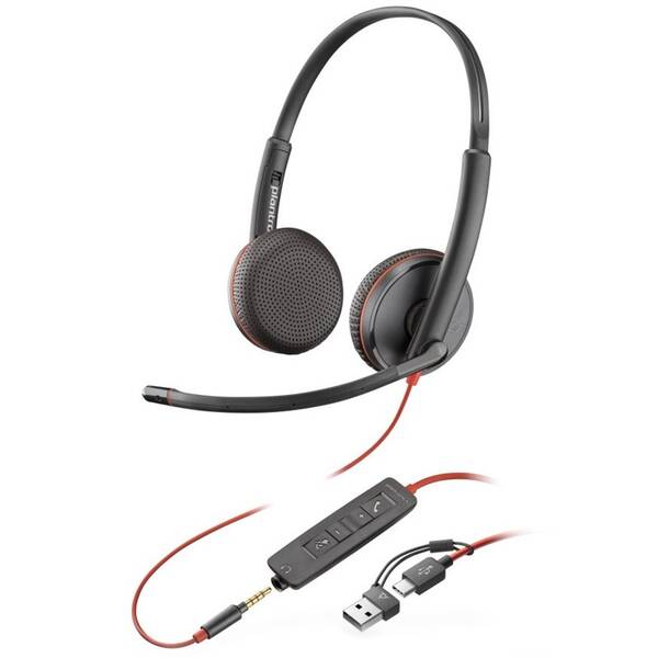 Headset HP Poly Blackwire 3225, 3,5 mm jack + USB-C/A adaptér, stereo černý

