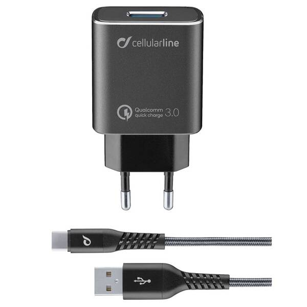 Nabíječka do sítě CellularLine Tetra Force 18W, QC 3.0 + USB-C kabel 1m černá

