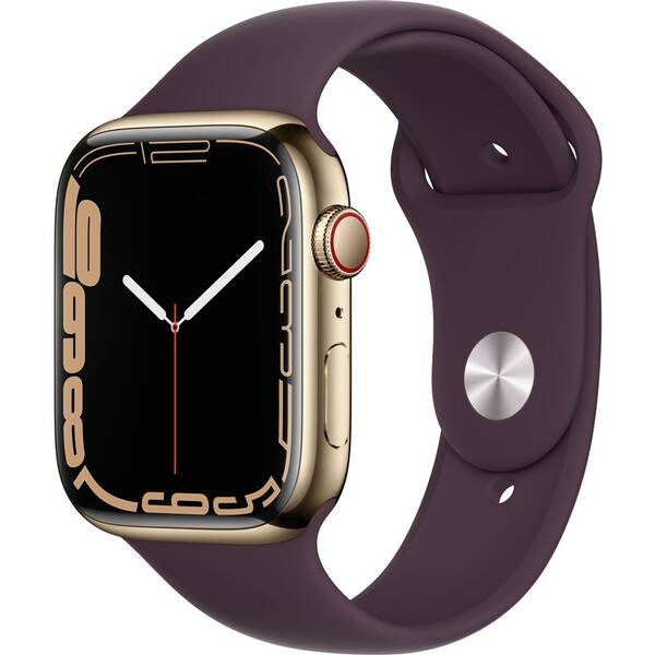 Chytré hodinky Apple GPS + Cellular, 45mm zlaté pouzdro z nerezové oceli - tmavě višňový sportovní řemínek 

