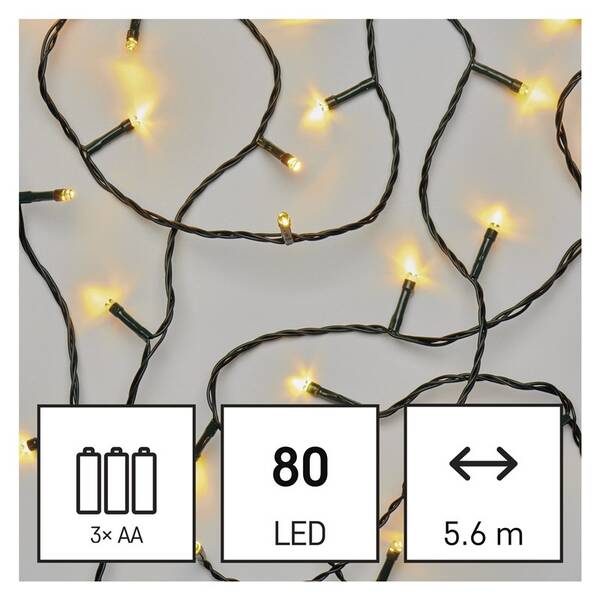 Vánoční osvětlení EMOS 80 LED řetěz, 5,6 m, 3x AA, venkovní i vnitřní, teplá bílá, časovač 

