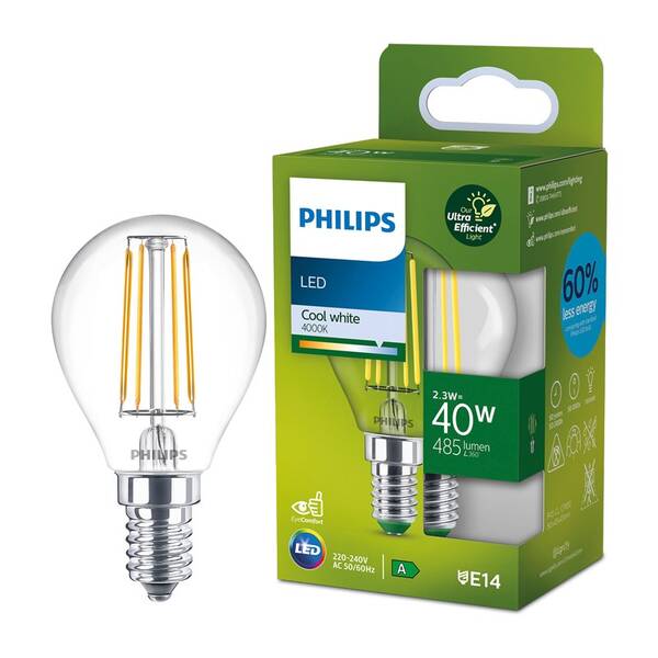 Žárovka LED Philips 40W, filament, E14, studená bílá 

