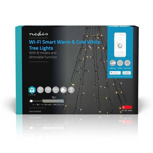 Vánoční osvětlení Nedis SmartLife LED, Wi-Fi, Teplá až studená bílá, 200 LED, 10 x 2 m, Android / IOS 

