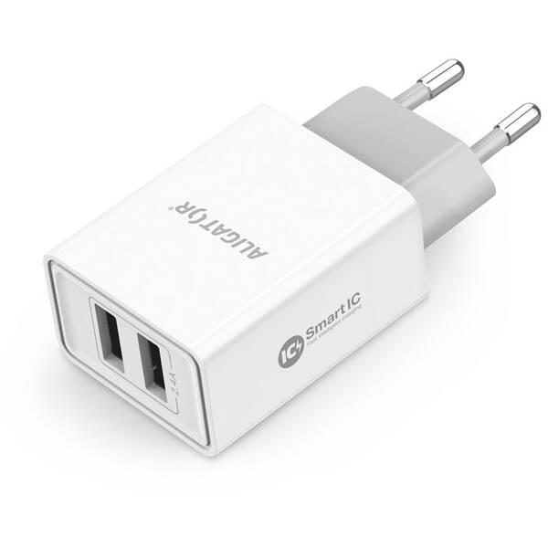 Nabíječka do sítě Aligator 2,4A, 2xUSB, smart IC bílá

