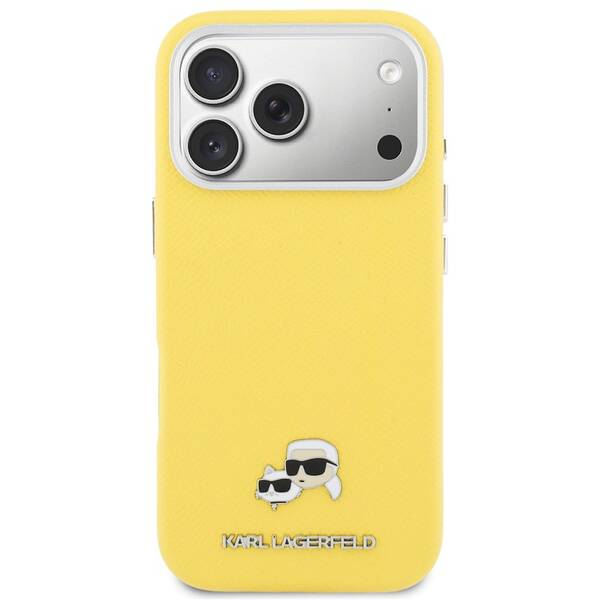 Kryt na mobil Karl Lagerfeld PU Karl and Choupette Heads Pins MagSafe na Apple iPhone 17 Pro žlutý

