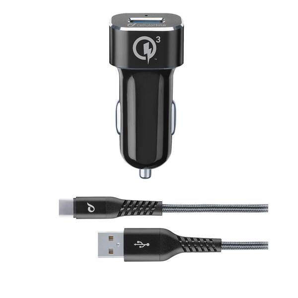 Adaptér do auta CellularLine Tetra Force 18W, QC 3.0 + USB-C kabel 1m černý

