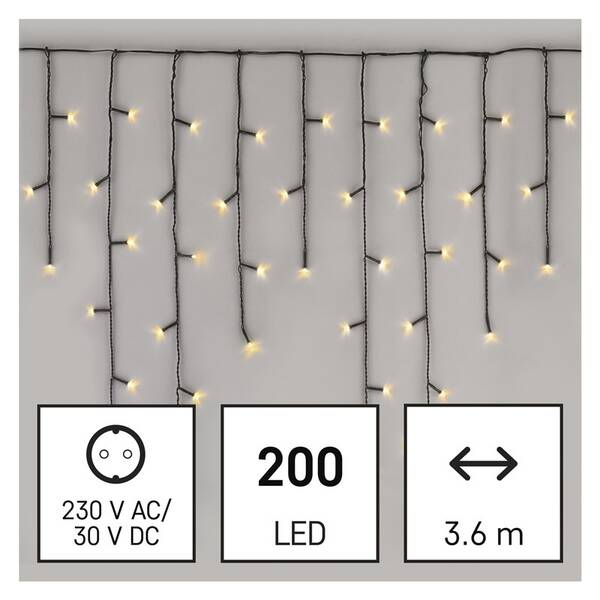 Vánoční osvětlení EMOS 200 LED rampouchy, 3,6 m, venkovní i vnitřní, teplá bílá, programy 

