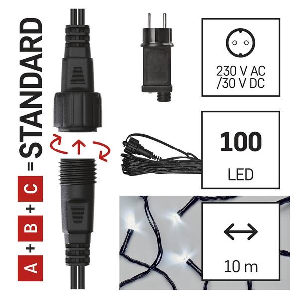 Spojovací řetěz EMOS 100 LED Základní sada pro spojovací řetězy Standard, 10 m, venkovní, studená bílá, časovač 

