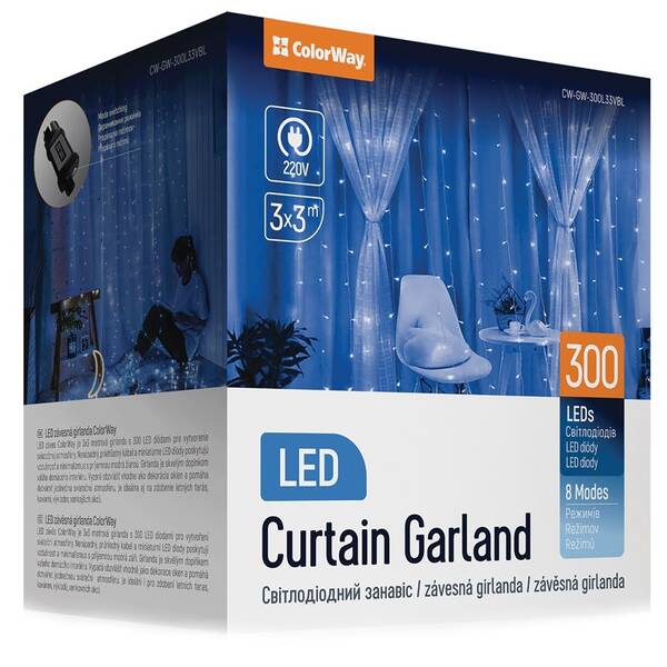 Vánoční osvětlení ColorWay vnitřní, 300 LED, 3× 3m, 220–240V AC, modrá 

