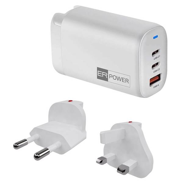 Cestovní adaptér ERPOWER GaN 2x USB-C, USB-A, 65W bílý

