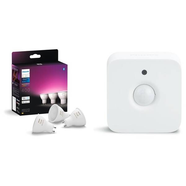 Chytrá žárovka Philips 4.2W, GU10, White and Color Ambiance, 3 ks + Senzor Philips Hue pohybový 

