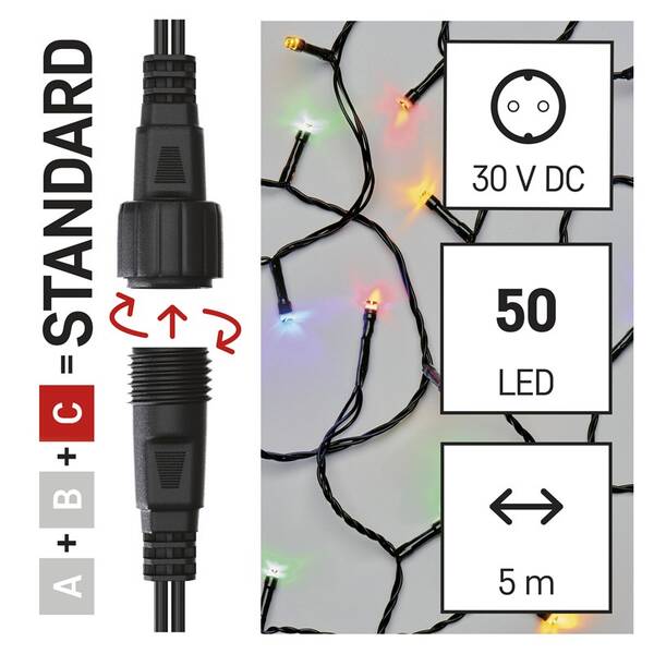 Spojovací řetěz EMOS 50 LED Standard, 5 m, venkovní i vnitřní, multicolor, časovač 

