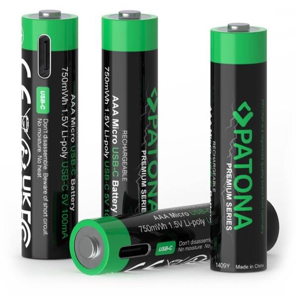 Baterie nabíjecí PATONA Premium AAA/LR03, 500mAh, USB-C, 4ks 

