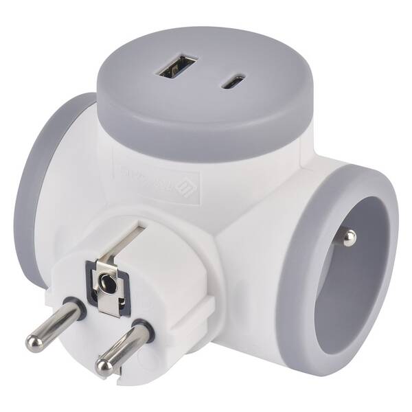 Rozbočovací zásuvka EMOS 2x zásuvka, 1x USB, 1x USB-C šedá/bílá

