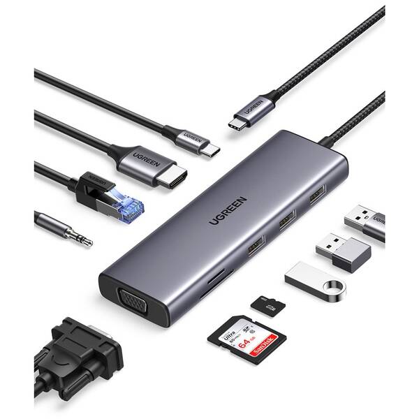 Dokovací stanice UGREEN USB-C/3×USB, SD, VGA, 3,5mm Jack, RJ45, HDMI šedá

