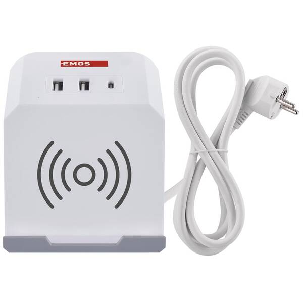 Kabel prodlužovací EMOS kostka, 2x zásuvka, 2×USB-A + 1×USB-C+ bezdrátové nabíjení, 2m bílý

