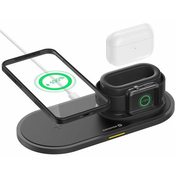 Bezdrátová nabíječka Swissten 3v1, pro iPhone, Apple Watch, Apple Airpods/Pro, 15W černá

