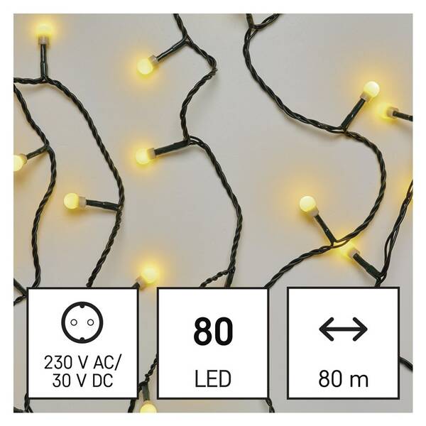Vánoční osvětlení EMOS 80 LED cherry řetěz - kuličky, 8 m, venkovní i vnitřní, teplá bílá, časovač 

