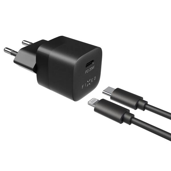 Nabíječka do sítě FIXED Mini USB-C PD 20W, MFI + Lightning kabel 1m černá barva
