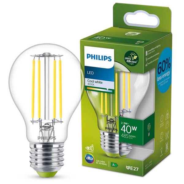 Žárovka LED Philips 40W, filament, A60, E27, neutrální bílá 

