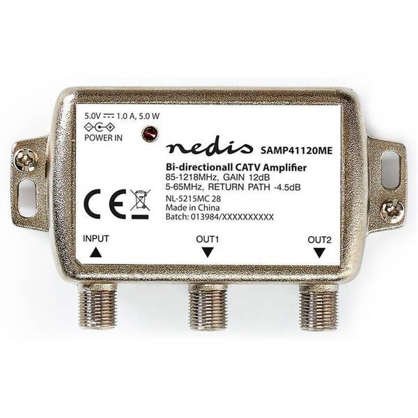 Zesilovač Nedis CATV, Max. zesílení 9 dB, 85-1218 MHz, 2 výstupy, zpětný kanál - 4,5 dB, 5-65 MHz, konektor F 

