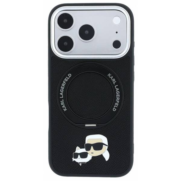 Kryt na mobil Karl Lagerfeld PU Grained K&CH Heads Ring Stand Magsafe na Apple iPhone 18 Pro Max černý

