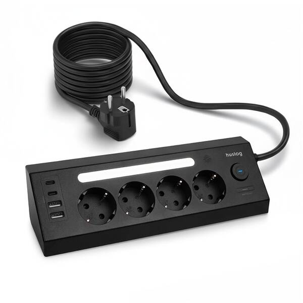 Kabel prodlužovací Huslog 15W 4xzásuvka, 2xUSB-C, 2xUSB, 1x LED světlo černý


