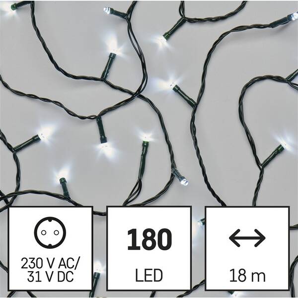 LED řetěz EMOS 180LED řetěz, 18 m, venkovní i vnitřní, studená bílá, programy, časovač 

