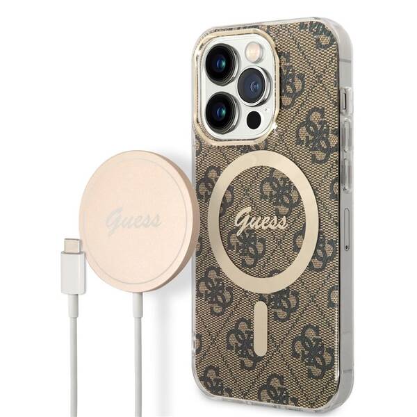 Kryt na mobil Guess 4G MagSafe na Apple iPhone 14 Pro + bezdrátová nabíječka hnědý

