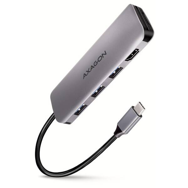 USB Hub Axagon USB 3.2 Gen 1 hub, 3x USB-A, HDMI 4k/30Hz, SD/microSD, kabel USB-C 20cm šedý

