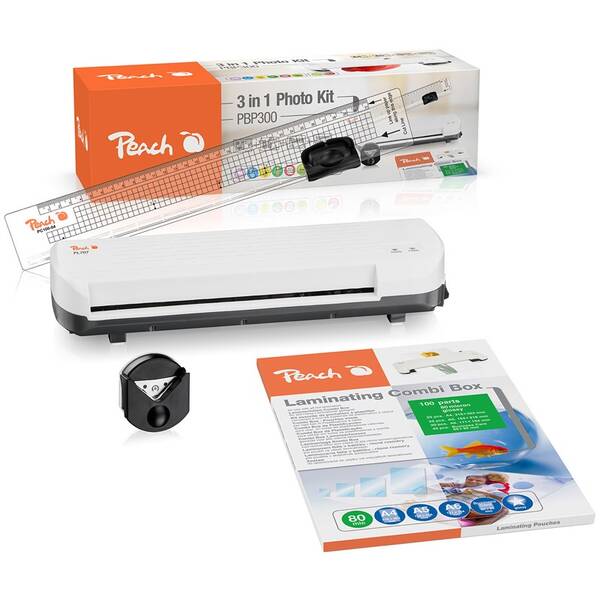Laminátor Peach 4 in1 Laminating Kit PBP300, set laminátor PL707, řezačka PC100-04, mix folií a zařezávač rožků 


