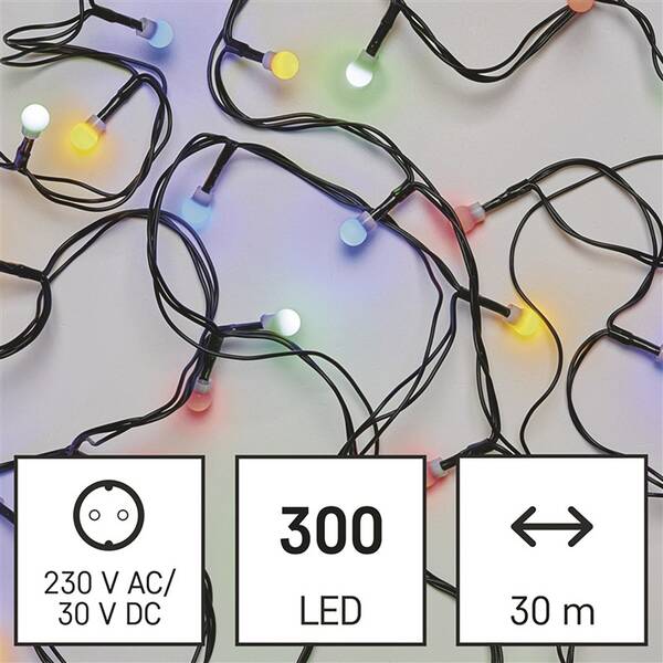 LED řetěz EMOS 300LED cherry řetěz - kuličky, 30 m, venkovní i vnitřní, multicolor, programy, časovač 


