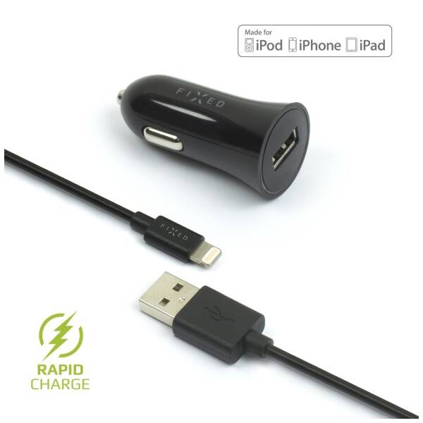 Adaptér do auta FIXED 1x USB, 2,4A + Lightning kabel černý

