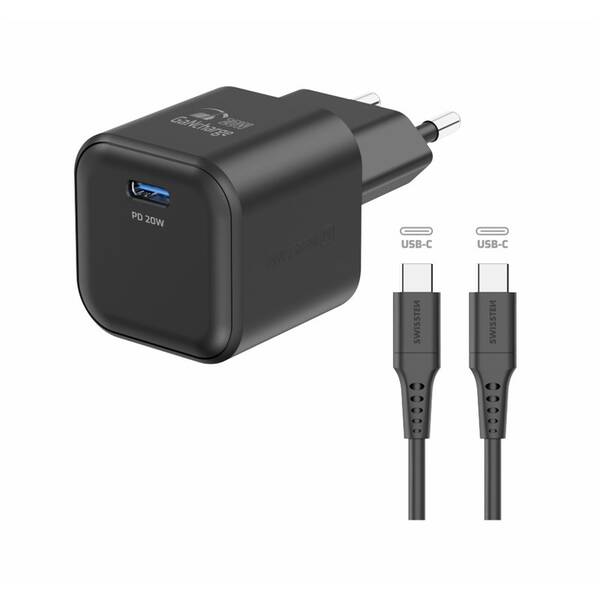 Nabíječka do sítě Swissten GaN 1x USB-C 20W PD +  kabel USB-C/USB-C 1,2 m černá

